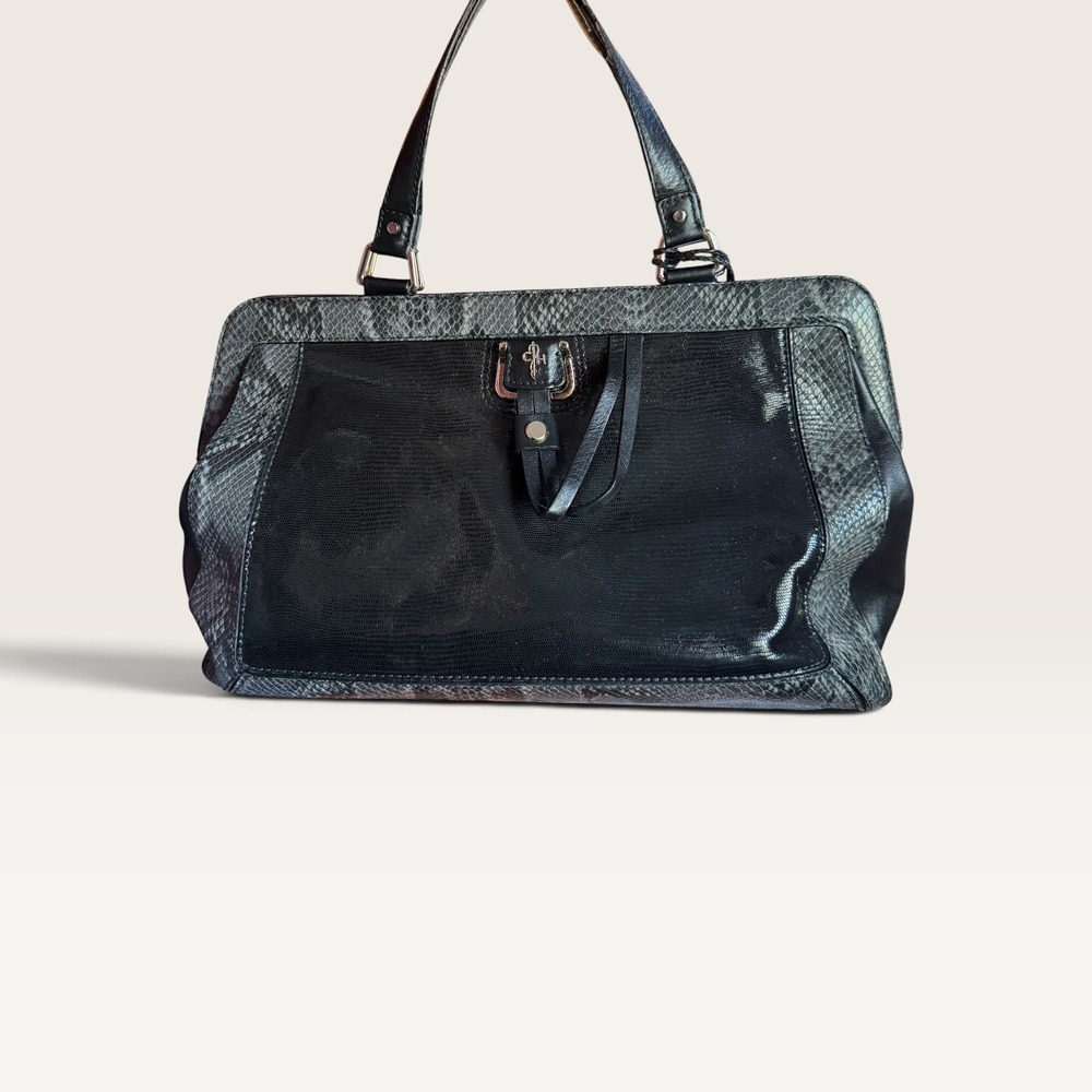 Cole Haan Black Lizard Gray Snakeskin Embossed Leather Satchel Handbag Bag